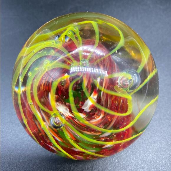 Vintage Glass Paperweight Handblown Art Glass Paperweight Yellow Red Swirls - Picture 5 of 6